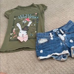 Girls size 8 olive green shirt with denim shorts